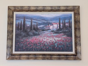 lot 57 image: LR - Framed Landscape Artwork with Poppies and Tuscan House