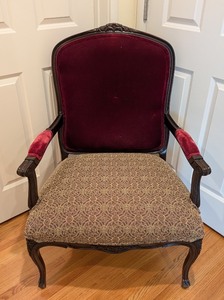 lot 65 image: LR - Vintage Upholstered French Style Armchair with Carved Wood Frame