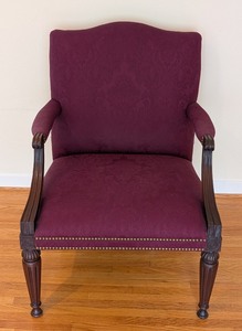 lot 86 image: LR - Henredon Upholstered Accent Armchair with Carved Wood Frame and Burgundy Fabric