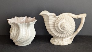 lot 100 image: LR - Belleek Ireland Porcelain Shell Motif Pitcher and Vase Set