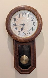 lot 109 image: LR - Antique Ansonia Regulator Wall Clock with Pendulum and Key
