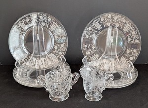 lot 161 image: DR - Vintage Etched Fostoria Glassware Set with 8 Plates, Sugar Bowl, and Creamer