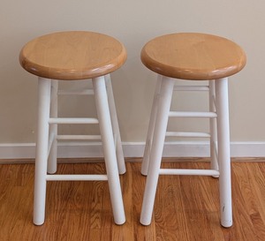 lot 167 image: LR - Pair of 24-Inch Wooden Bar Stools with White Legs