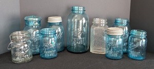 lot 168 image: LR - Collection of 9 Antique Ball Mason Jars Assorted Sizes