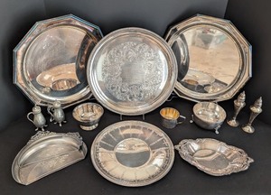 lot 171 image: LR - Collection of 11 Silverplate Serving Trays, Bowls, and Tableware