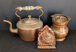 lot 270A image: LR  - Vintage Solid Copper Kettle, Lidded Jar, and Vintage Grezziano Art Deco Desktop Piece