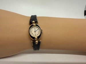 lot 18J image: Vintage 14K Lady Elgin Wristwatch with Black Leather Band