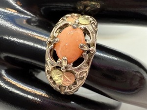 lot 33 image: Vintage Size 8.25 Sterling Silver and 12K Gold Ring with Coral Stone