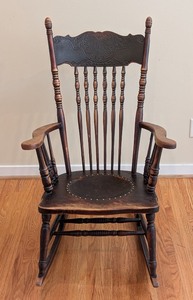 lot 159 image: LR - Vintage Wooden Rocking Chair with Embossed Back and Seat Design