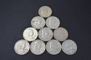 lot 7 image: Lot of 10 Franklin Half Dollar Coins 1958-1963