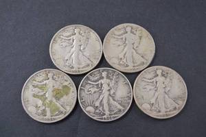 lot 8 image: 1936-1946 Walking Liberty Half Dollars Lot of 5 Silver Coins