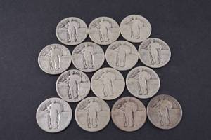 lot 15 image: Standing Liberty Quarter Lot - Early 20th Century US Silver Coins