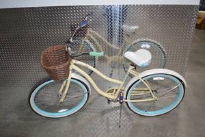 lot 200 image: Huffy Womens Cruiser Bicycle with Basket - CreamBlue 26in Wheels