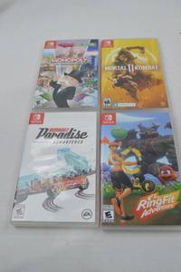 lot 53 image: Nintendo Switch Game Lot Ring Fit Adventure, Monopoly, Mortal Kombat 11, Burnout Paradise