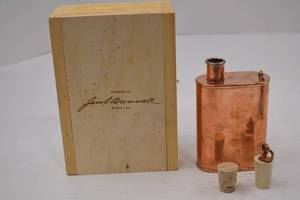 lot 110 image: Jacob Bromwell Copper Flask with Wooden Box and Cork Stoppers