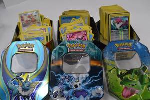 lot 121 image: Pokemon Trading Card Lot with Foils, Tin Storage Cases