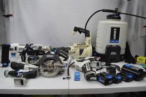 lot 153 image: HART 20V Cordless Power Tool Lot Circular Saw, Impact Driver, Nailer, Inflator