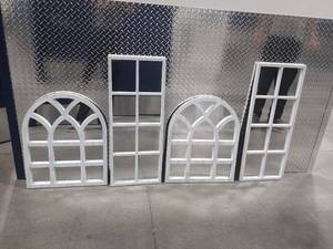 lot 222 image: Set of 3 Decorative White Windowpane Wall Mirrors, Mixed Arched & Rectangular