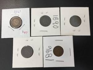 lot 126 image: 5 Indian Head Cents - 1863 - 1881 - 1890 - 1893 - 1896