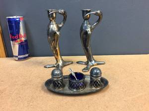 lot 145 image: VictorianNouveau - Condiment Set & Candlesticks
