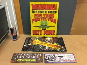 lot 162 image: 4 Warning Type Signs - 3 Metal 1 Embossed Plastic