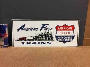 lot 176 image: Ande Rooney Porcelain American Flyer Trains Metal Sign 18 x 7 12