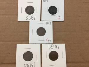 lot 193 image: 5 U.S. Indian Head Cents - 1880 - 1887 - 1891 - 1895 - 1897
