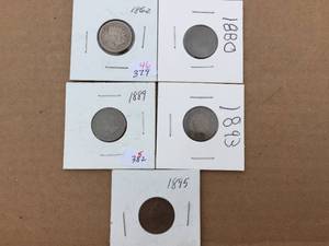 lot 196 image: 5 U.S. Indian Head Cents - 1862 - 1880 - 1889 - 1893 - 1895