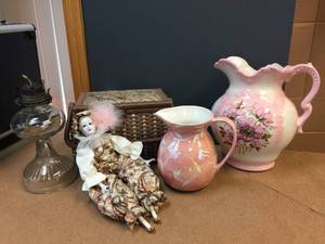 lot 230 image: Vintage Lamp - Pitchers - Sewing Box - Doll
