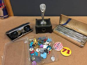 lot 239 image: Vintage Parker Lighter & Pen Case - Opera Glasses - Crochet Hooks - Pins