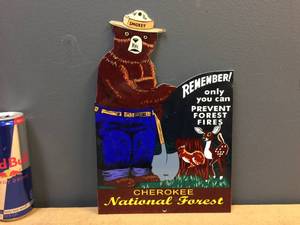 lot 255 image: Smokey Bear - Cherokee National Forest - Heavy Enamel Sign