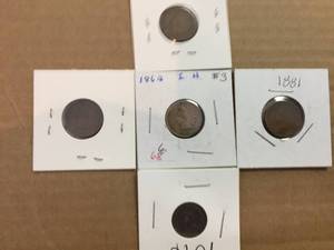 lot 261 image: 5 U.S. Indian Head Pennies 1862 - 1881 - 1889 - 1893 - 1896