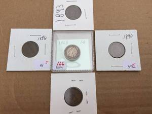 lot 265 image: 5 U.S. Indian Head Pennies 1863 - 1881 - 1890 - 1893 - 1896