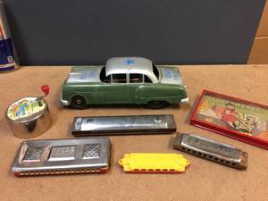 lot 226 image: Vintage Friction Car - Harmonicas - Music Box - Game