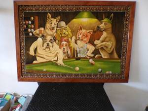 lot 17 image: 68-70s Tapestry of Dogs Playing Pool