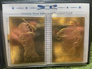 lot 62 image: 1998 MLB Postal Set of Mark McGwire and Sammy Sosa 22kt Gold Baseball Cards