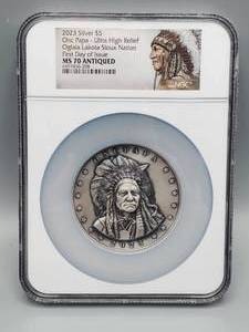 lot 4 image: 5 Ounce 2023 Silver $5 Onc Papa--Ultra High Relief, 1st Day of Issue, MS70, Antiqued in Wooden Display, 5 ozt .999 Silver