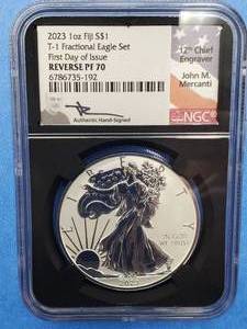 lot 5 image: 2023 1 toz Silver Fiji Eagle PF70 Reverse Proof, Signed by J G Mercanti, 1st Day Issue--with Display Box