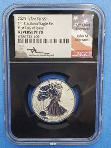 lot 6 image: 2023 12 toz Silver Fiji Eagle PF70 Reverse Proof, Signed by J G Mercanti, 1st Day Issue