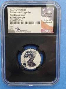 lot 7 image: 2023 14 toz Silver Fiji Eagle PF70 Reverse Proof, Signed by J G Mercanti, 1st Day Issue