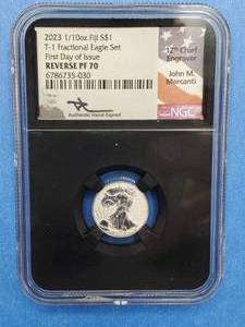 lot 8 image: 2023 110 toz Silver Fiji Eagle PF70 Reverse Proof, Signed by J G Mercanti, 1st Day Issue