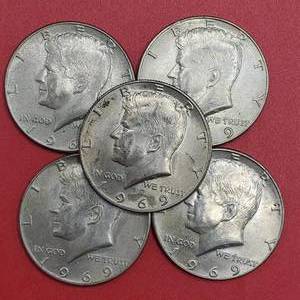 lot 41 image: 5 1969-D Kennedy Half Dollars, 40% Silver
