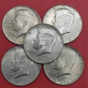 lot 42 image: 5 1969-D Kennedy Half Dollars, 40% Silver