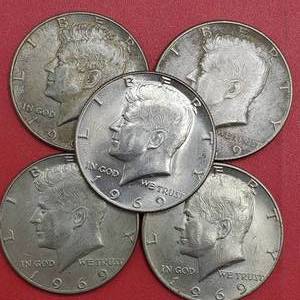 lot 44 image: 5 1969-D Kennedy Half Dollars, 40% Silver
