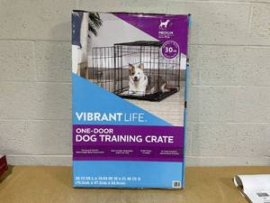 lot 341 image: Vibrant Life Wire Dog Crate, Single-Door, Divider and Leak-Proof Tray