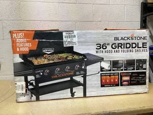 lot 39 image: Blackstone Original 4-Burner 36 Propane Omnivore Outdoor Griddle with Hood and Folding Side Shelves