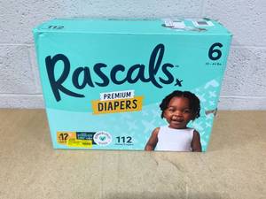 lot 233 image: Rascals Premium Absorbent Baby Diapers Size 6, 112 Count