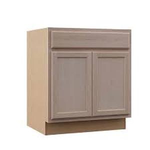 lot 16 image: Hampton Bay 30 in. W x 24 in. D x 34.5 in. H Assembled Sink Base Kitchen Cabinet in Unfinished with Recessed Panel Customer Returns See Pictures