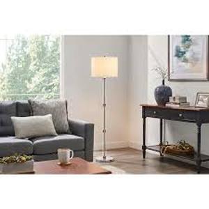 lot 20 image: Hampton Bay Keiss 60 in. Chrome and Clear Acrylic Standard Floor Lamp with White Fabric Shade  Customer Returns See Pictures