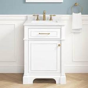 lot 34 image: Home Decorators Collection Melpark 24 in. Single Sink White Bath Vanity with White Engineered Marble Top (Assembled)  Customer Returns See Pictures